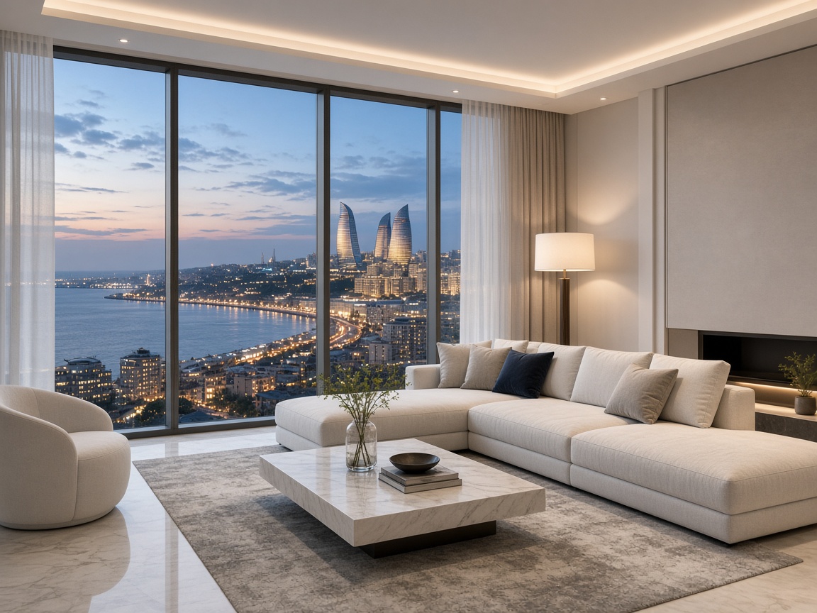 Living room of a Baku apartment looking over the boulevard